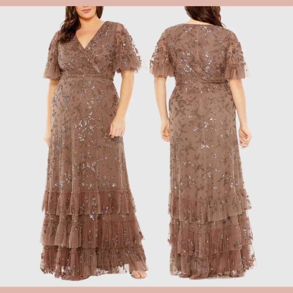 NEW Mac Duggal [ 22 ] 9270 Embellished Flutter Sleeve V-Neck Tiered‎ Gown Brown
